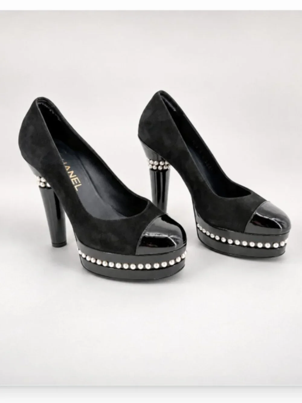 Chanel Pearl Platform Pumps Heels Cap Toe Black Suede Size 38 US 8.5